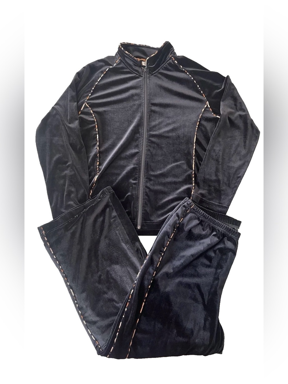 Black Velour Tracksuit Set with Animal Print Piping Size L Y2K Retro